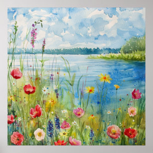 Wilde bloemen bij een meer poster
