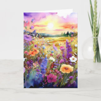 Wilde bloemen bij zonsondergang in waterverf kaart