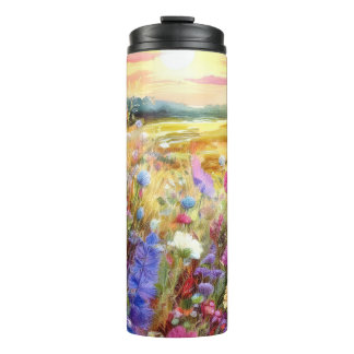 Wilde bloemen bij zonsondergang in waterverf thermosbeker