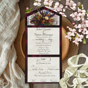 Wilde Bloemen & Bourgogne Lint Bruiloft All In One Uitnodiging