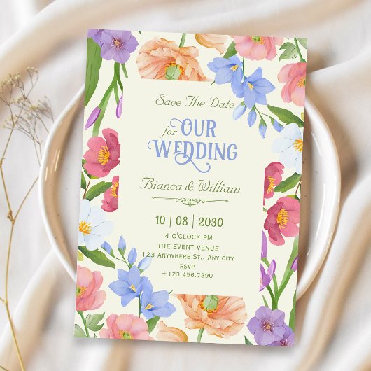 Wilde bloemen bruiloft save the date