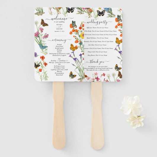 Wilde bloemen Butterflies Floral Wedding Programme Handwaaier (Voorkant en achterkant)