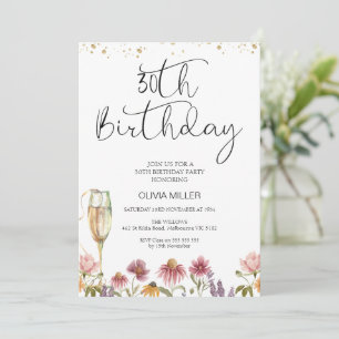 Wilde bloemen Champagne Glass 30th Birthday Kaart