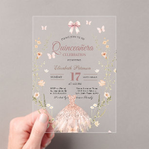 Wilde Bloemen Chic Glitter Jurk Strik Quinceanera Acryl Uitnodigingen