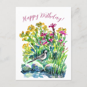 Wilde bloemen en een witte kwikstaart briefkaart