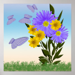 Wilde bloemen en Gingham Butterflies Poster
