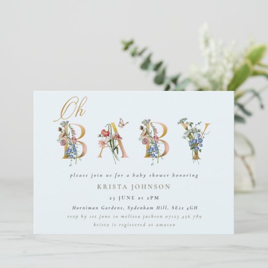 wilde bloemen en goud en blauw Baby shower Kaart (Staand voorkant)