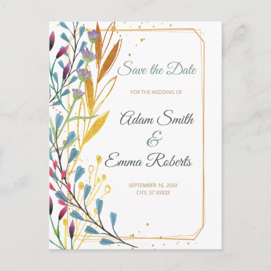 Wilde bloemen en gouden enkels sparen de datum van briefkaart (Voorkant)