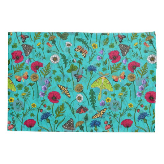 Wilde bloemen en motten op blauwgroen kussensloop (Achterkant-Links)