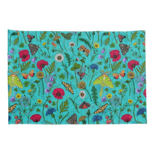 Wilde bloemen en motten op blauwgroen kussensloop (Achterkant-Rechts)