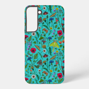 Wilde bloemen en motten op blauwgroen samsung galaxy hoesje