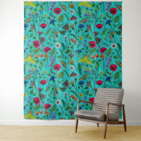 Wilde bloemen en motten op blauwgroen