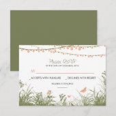wilde bloemen en string lights bruiloft RSVP kaart (Voorkant / Achterkant)