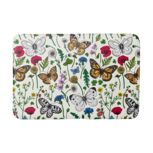 Wilde bloemen en vlinders op wit badmat