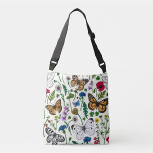 Wilde bloemen en vlinders op wit crossbody tas