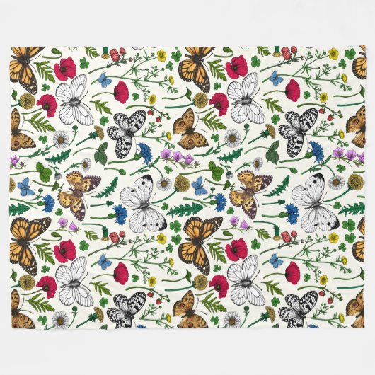 Wilde bloemen en vlinders op wit fleece deken (Voorkant (Horizontaal))