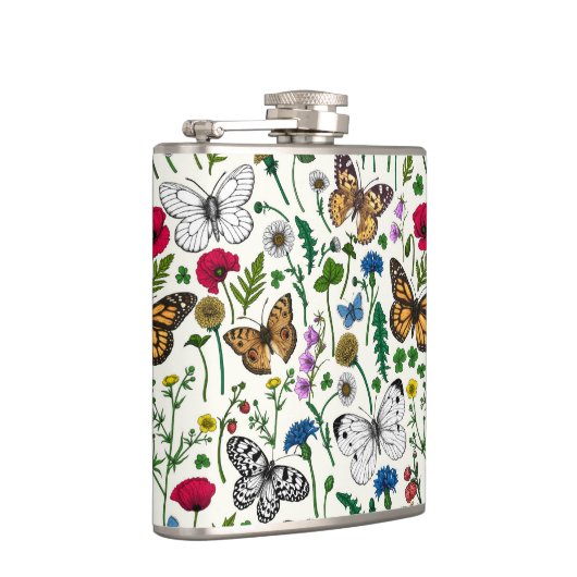 Wilde bloemen en vlinders op wit heupfles (Rechts)