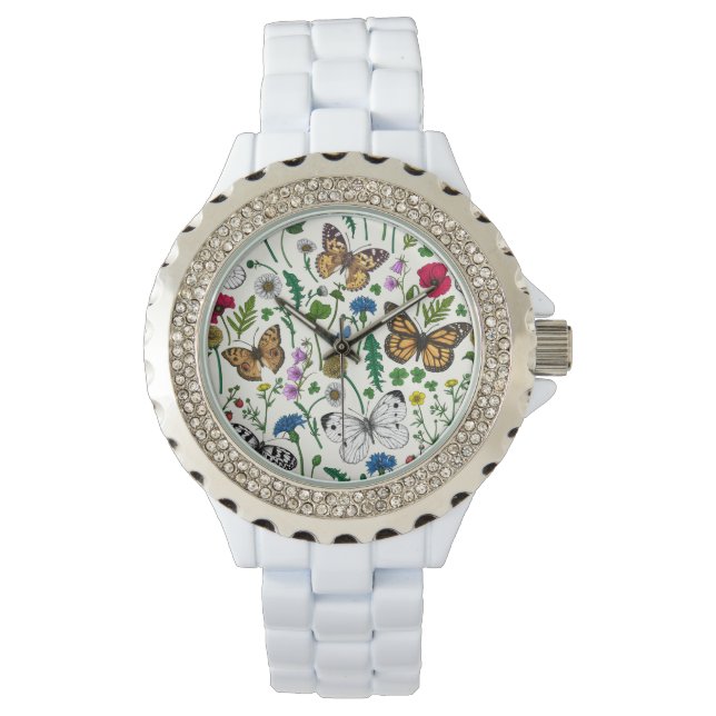 Wilde bloemen en vlinders op wit horloge (Voorkant)