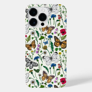 Wilde bloemen en vlinders op wit iPhone 14 pro max hoesje