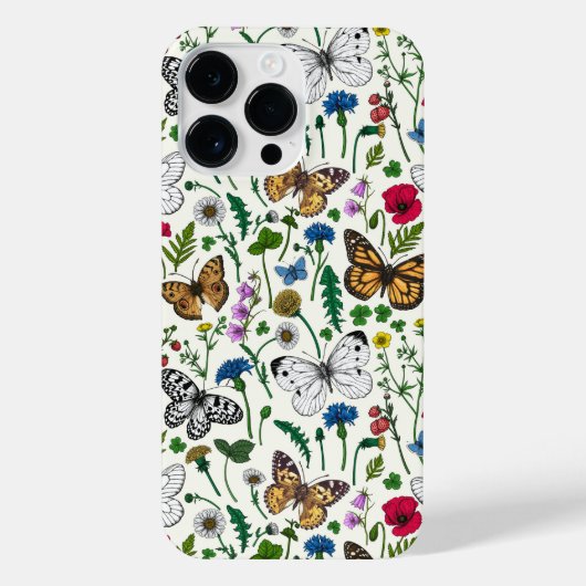 Wilde bloemen en vlinders op wit iPhone hoesje (Achterkant)