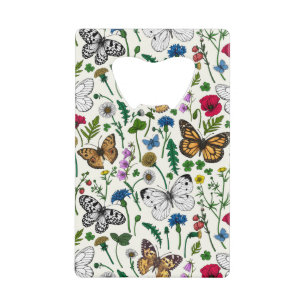Wilde bloemen en vlinders op wit kredietkaart flessenopener