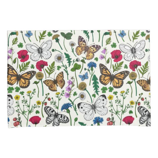 Wilde bloemen en vlinders op wit kussensloop (Voorkant-Rechts)