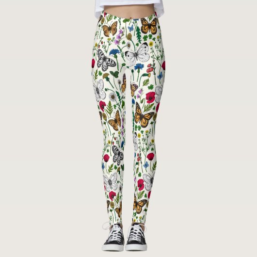 Wilde bloemen en vlinders op wit leggings (Voorkant)