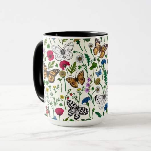 Wilde bloemen en vlinders op wit mok (Voorkant links)