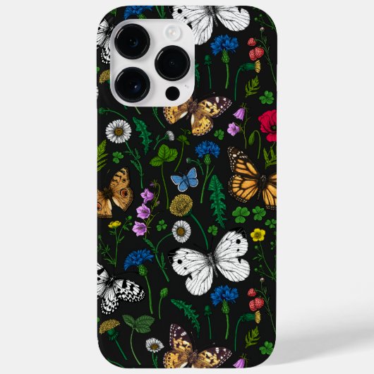 Wilde bloemen en vlinders op zwart Case-Mate iPhone case (Achterkant)