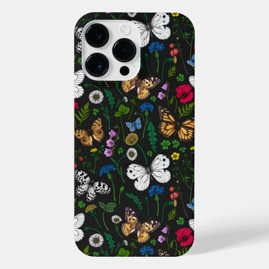 Wilde bloemen en vlinders op zwart iPhone hoesje (Achterkant)