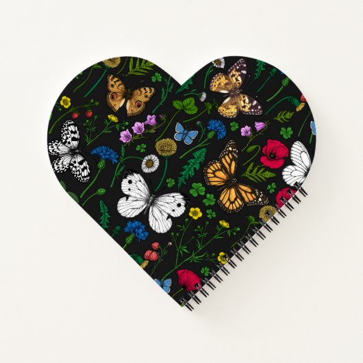 Wilde bloemen en vlinders op zwart notitieboek (Achterkant)