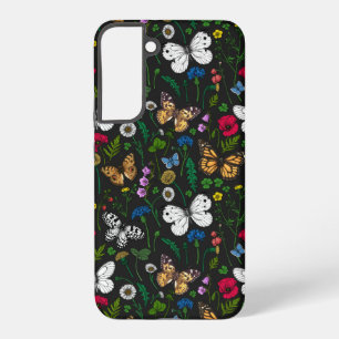 Wilde bloemen en vlinders op zwart samsung galaxy hoesje