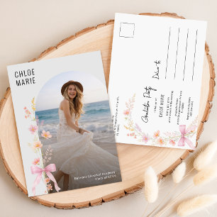 Wilde Bloemen Foto Roze Strik Afstudeeruitnodiging Briefkaart