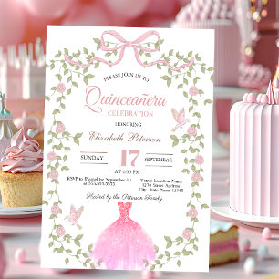 Wilde Bloemen Glitter Jurk Roze Strik Quinceanera Kaart
