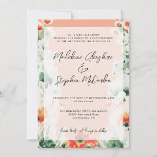 Wilde bloemen groen en oranje romantisch huwelijk kaart