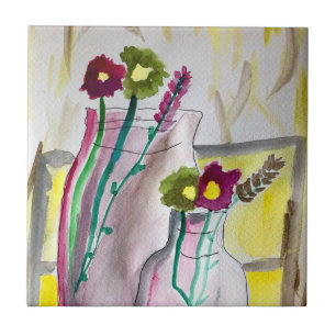 Wilde bloemen in vase abstracte kunst tegeltje