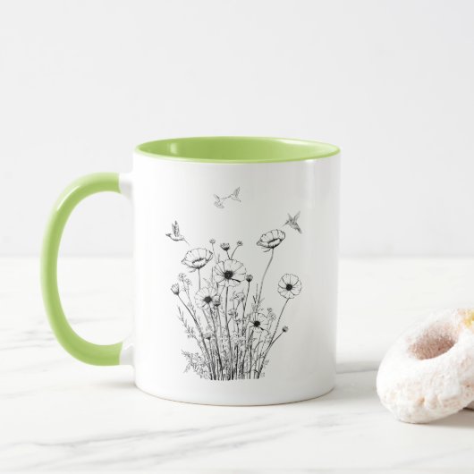 Wilde bloemen in zwarte en witte koffie Mok (Met donut)