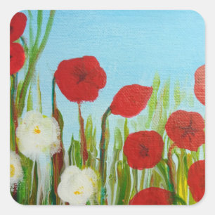 Wilde bloemen klaprozen en madeliefjes vierkante sticker