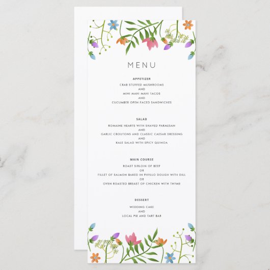 Wilde bloemen Land Botanische bruiloft Menu (Voorkant / Achterkant)