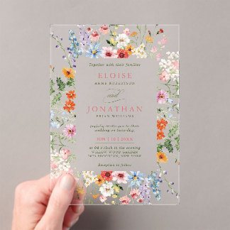 Wilde bloemen lente weide tuin foto bruiloft boho acryl uitnodigingen