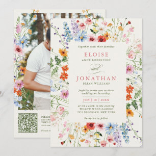 Wilde bloemen Lente Weide Tuin Foto QR Huwelijk Kaart