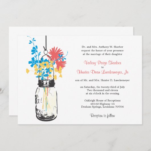 Wilde bloemen & Mason Jar bruiloft uitnodigingen (Voorkant / Achterkant)