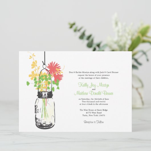 Wilde bloemen & Mason Jar bruiloft uitnodigingen (Staand voorkant)