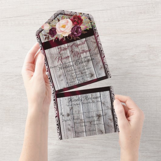 Wilde bloemen met Bourgogne lint, kant en licht All In One Uitnodiging (Afscheurbaar)