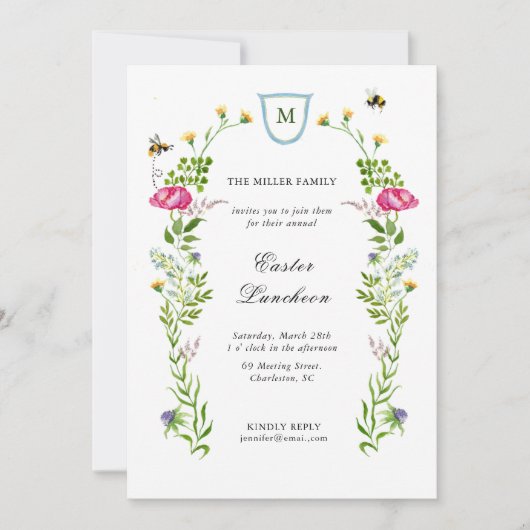 Wilde bloemen met monogram paasmakerij aankondiging (Voorkant)