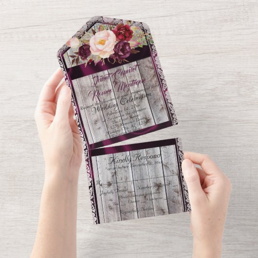 Wilde bloemen met Paarse lint, kant en licht All In One Uitnodiging (Afscheurbaar)
