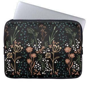 Wilde Bloemen Naïeve Kunst Donkere Achtergrond Laptop Sleeve