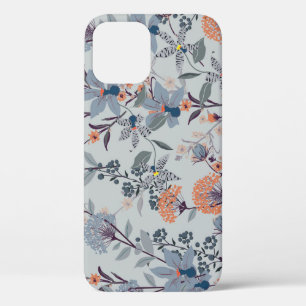 Wilde bloemen op blauw, botanisch patroon. iPhone 12 hoesje