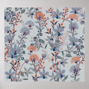 Wilde bloemen op blauw, botanisch patroon. poster