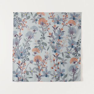 Wilde bloemen op blauw, botanisch patroon. wandkleed